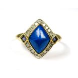 9ct Yellow Gold Ring in the Art Deco Style set with a Central lapis Lazuli with Diamonds surrounding