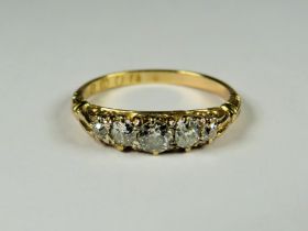 18ct  Yellow Gold Ring set with Five Diamonds which come to approx 0.5pts.   Finger size 'P'   2.7g