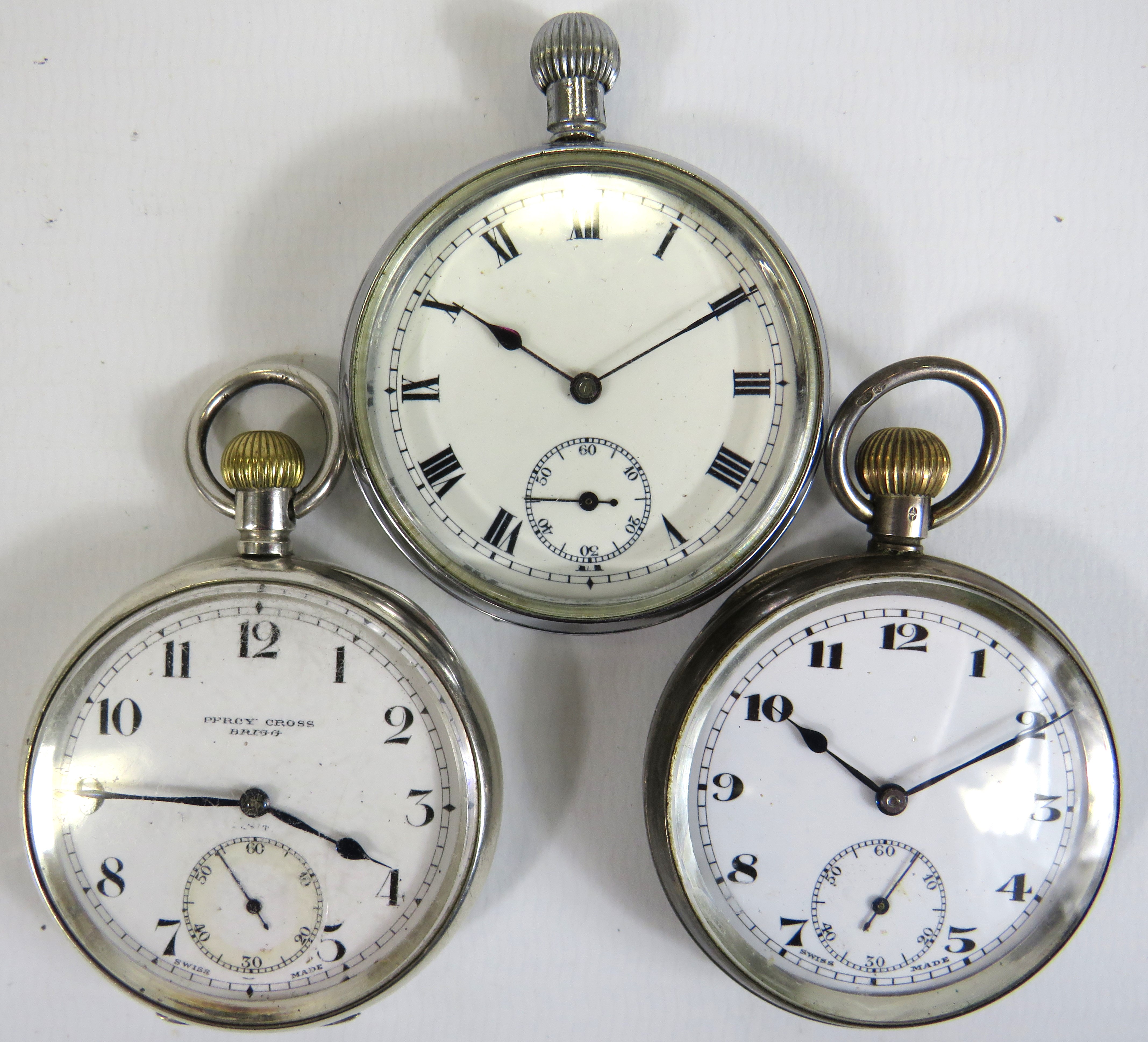 Two Chrome cased pocket watches with enamel faces, Crown wind, in working order (one has missing D r