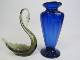 Cobalt blue uranium glass vase, approx 23cm tall plus a art glass swan.