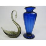 Cobalt blue uranium glass vase, approx 23cm tall plus a art glass swan.