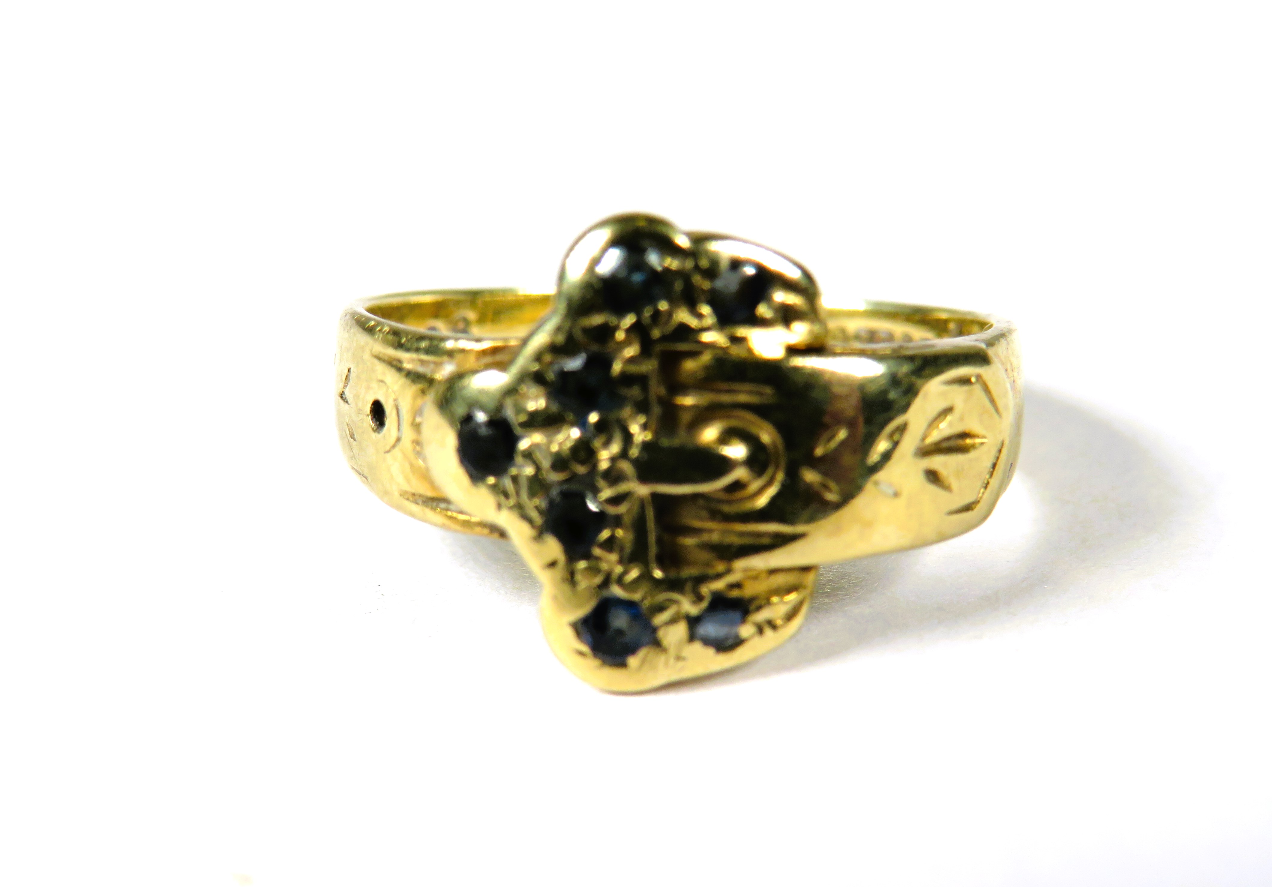 9ct Yellow Gold Belt Buckle Ring set with (worn) sapphires.   Finger size 'J'     2.3g - Image 3 of 3