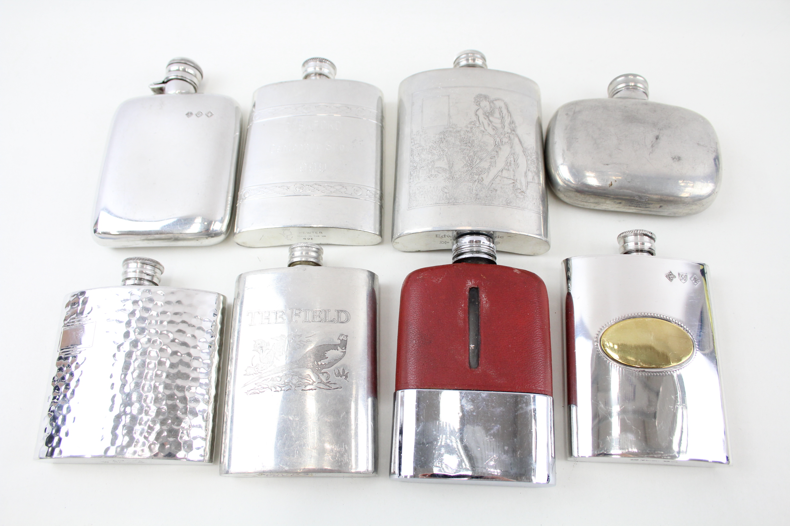 8 x Vintage Hip Flasks Inc James Dixon & Sons, Leather Bound, Bird Etched, Golf 681217