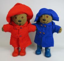 Two vintage teddy bears dressed in raincoats and wearing wellies, approx 18" tall.