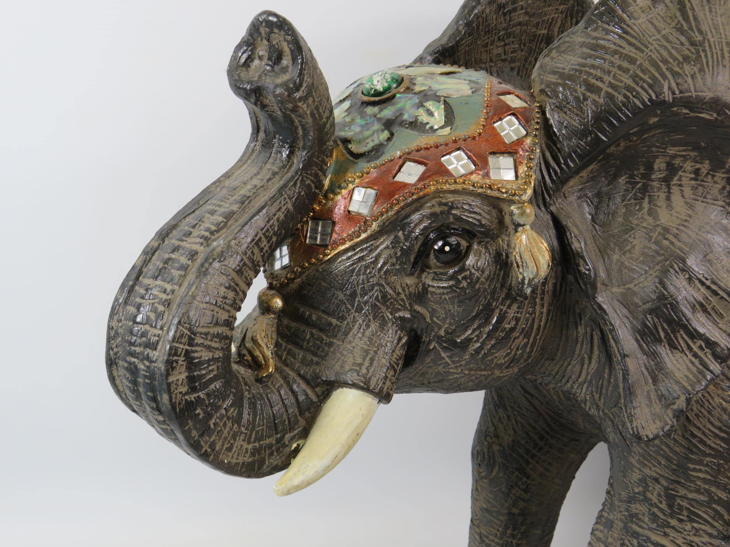 Large resin elephant sculpture decorated with mirrors, jewels and mother of pearl, it stands - Image 2 of 3