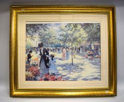 Large Gilt framed print of a Flower trader, street scene. 32 x 38 inches. See photos. S2