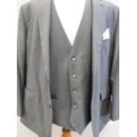 Gents Three piece Suit in Grey pinstripe. Jacket, waistcoat and Trousers.  Jacket size 50 inches.  S