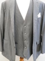 Gents Three piece Suit in Grey pinstripe. Jacket, waistcoat and Trousers. Jacket size 50 inches. S