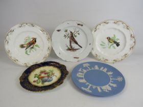 Hand painted Meissen plate decorated with a thrush and insects plus 2 other vintage hand painted