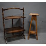 One Jardinaire light oak plantstand plus a folding two tier table. May need attention to top hinge. 