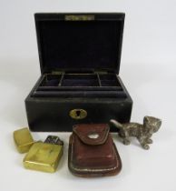 Vintage wooden trinket box, Brass Zippo lighter with leather pouch and a white metal cat figurine.