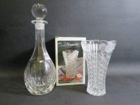 Crystal glass decanter and a 8" vase with frosted glass rose detail.