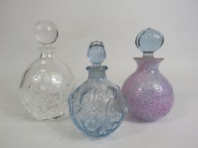 3 Glass scent bottles, Caithness etc. 13cm tall.