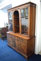 Two part Dresser with etched glass windows. Central shelving. Marquetry inlaid decoration Measures