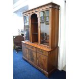 Two part Dresser with etched glass windows. Central shelving.  Marquetry inlaid decoration Measures 