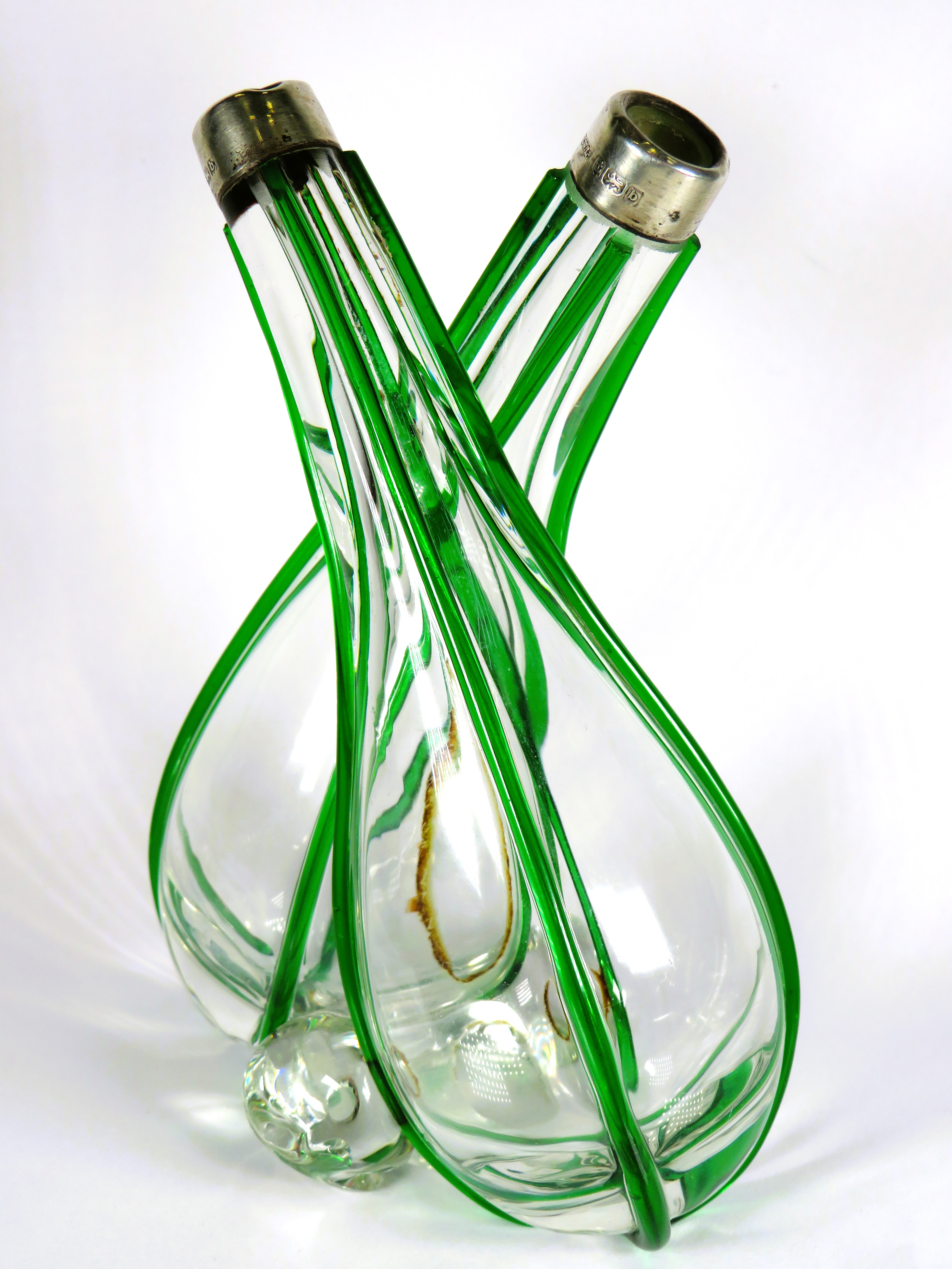 Pretty Green Tube lined Continental Glass Double Bud Vase with Silver collars. Hallmarked for Birmin - Image 2 of 5