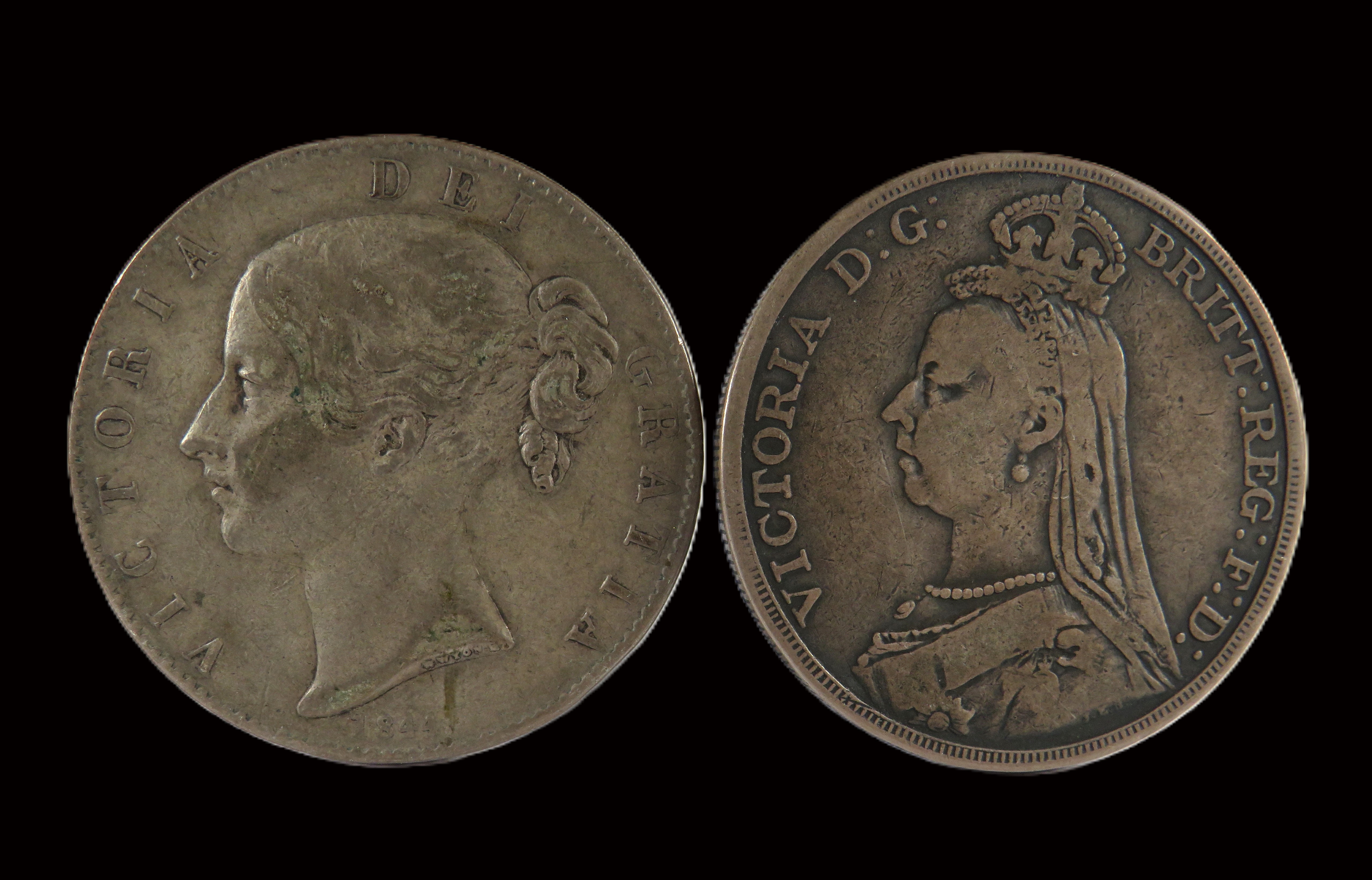 Two Victorian Coins.   1890 Victorian Crown plus a 1844 Victorian Young Head Silver Crown. 