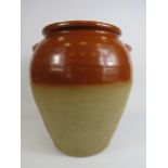 Large antique Stoneware Olive or Flour storage jar, approx 17 inches tall. Has had a repair to the