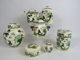 7 pieces of Masons Ironstone in the Green chartruese pattern.