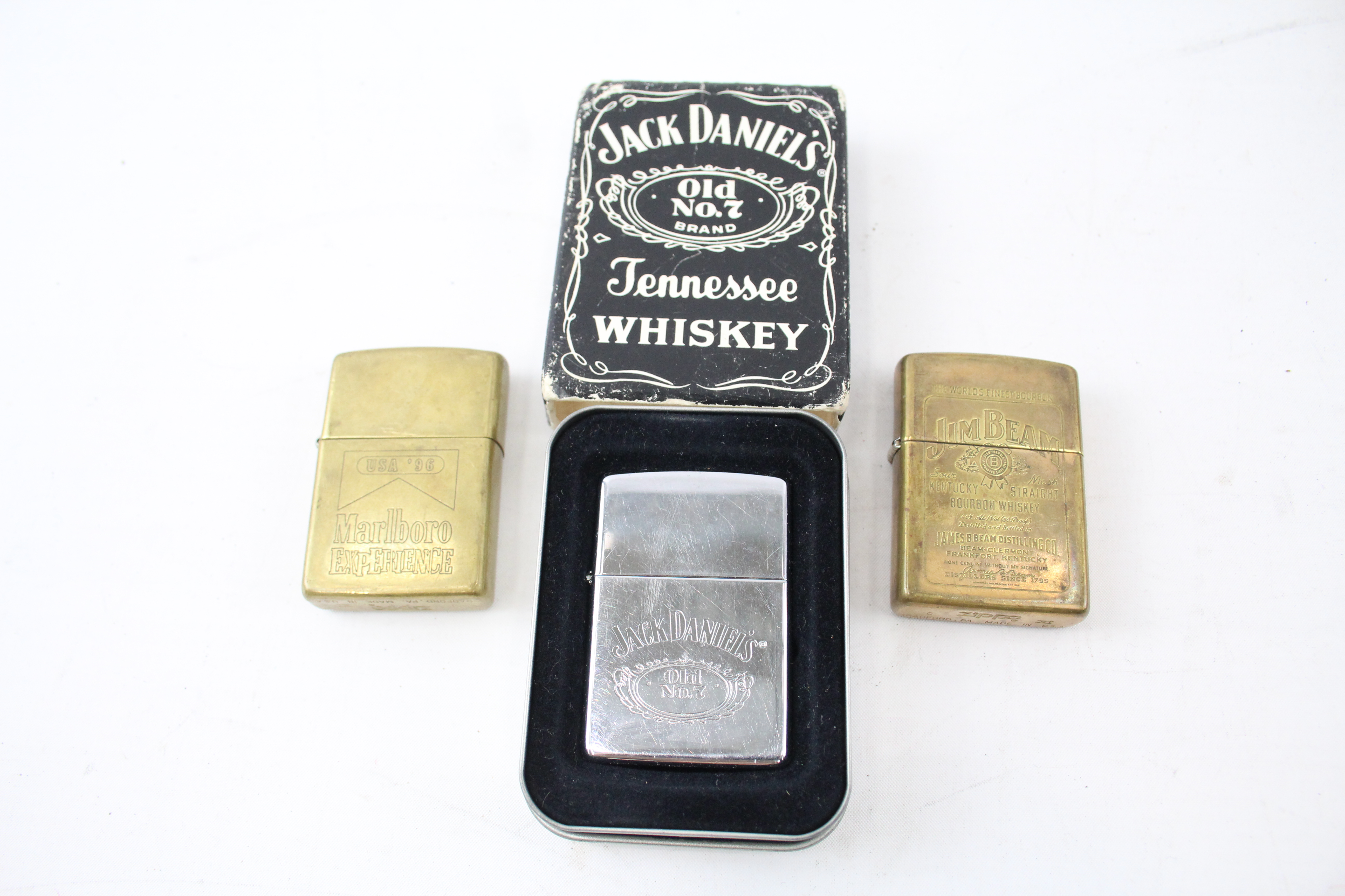 3 x Zippo Lighters Inc Vintage Jack Daniels Chrome Jim Beam Marlboro 96 Job Lot 549100