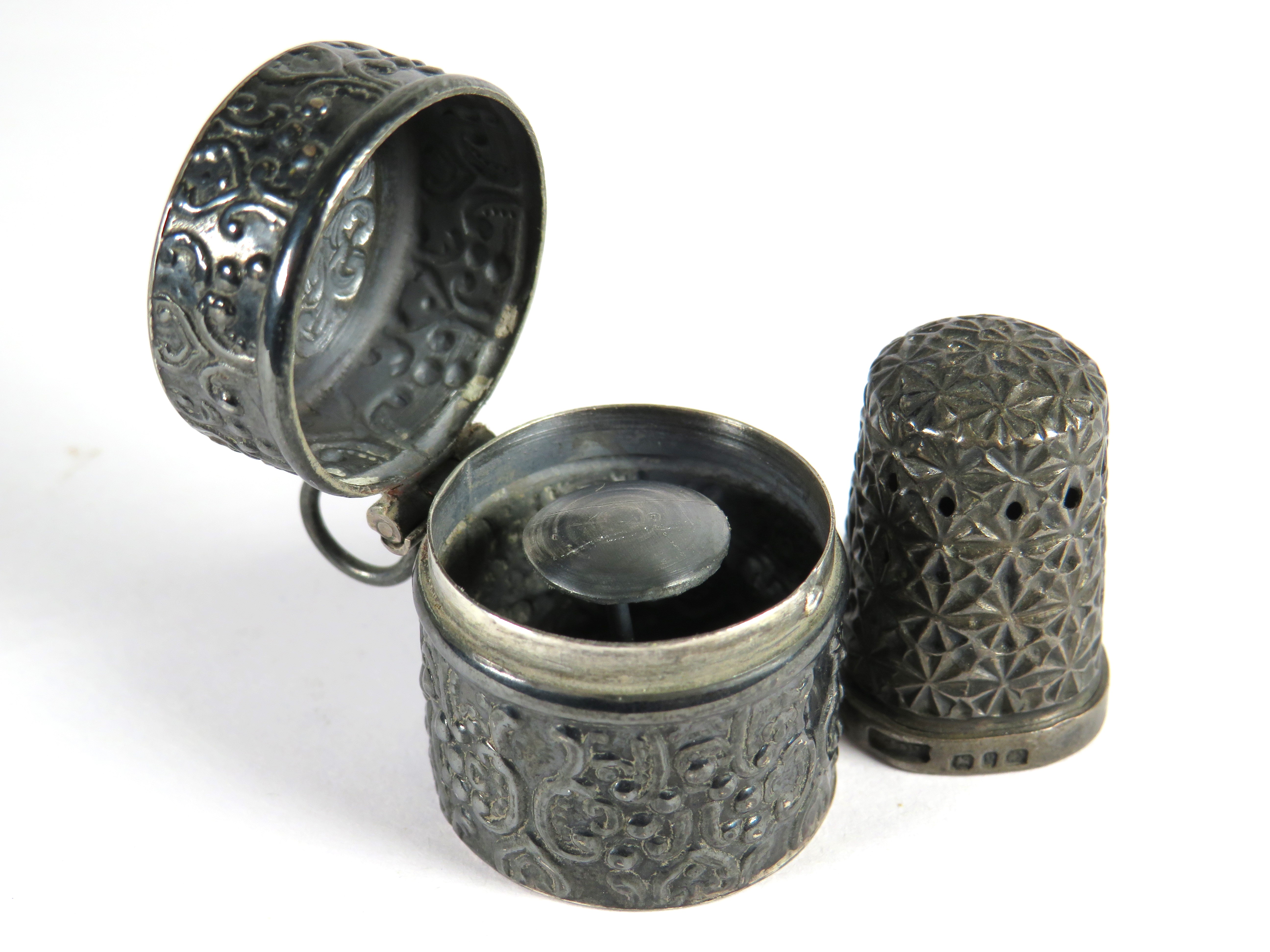 Hallmarked Silver Thimble with 925 Silver Thimble case with hinged lid and thimble mount within.  To - Image 2 of 4