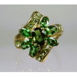 9ct Yellow Gold Ring set with Emerald coloured CZ in a Flower pattern.  Finger size 'P-5 to Q'   4.4