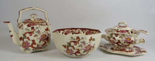 Masons Ironstone Red Mandalay Fruit bowl, large teapot and saucer tureen with ladel.