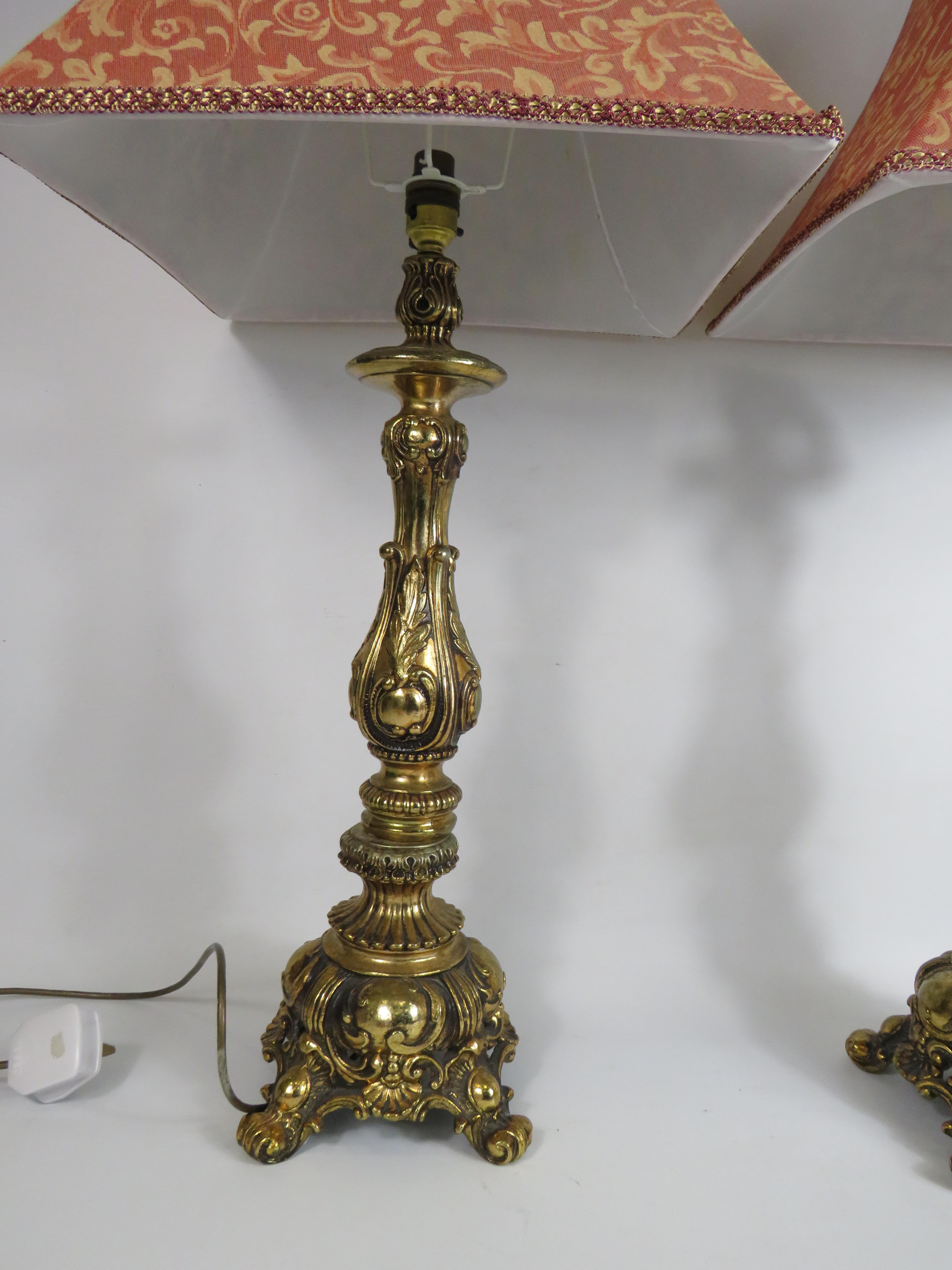 Large Pair of Ornate brass table lamps with shades, 22.5" tall from base to top of light fitting. - Image 2 of 2