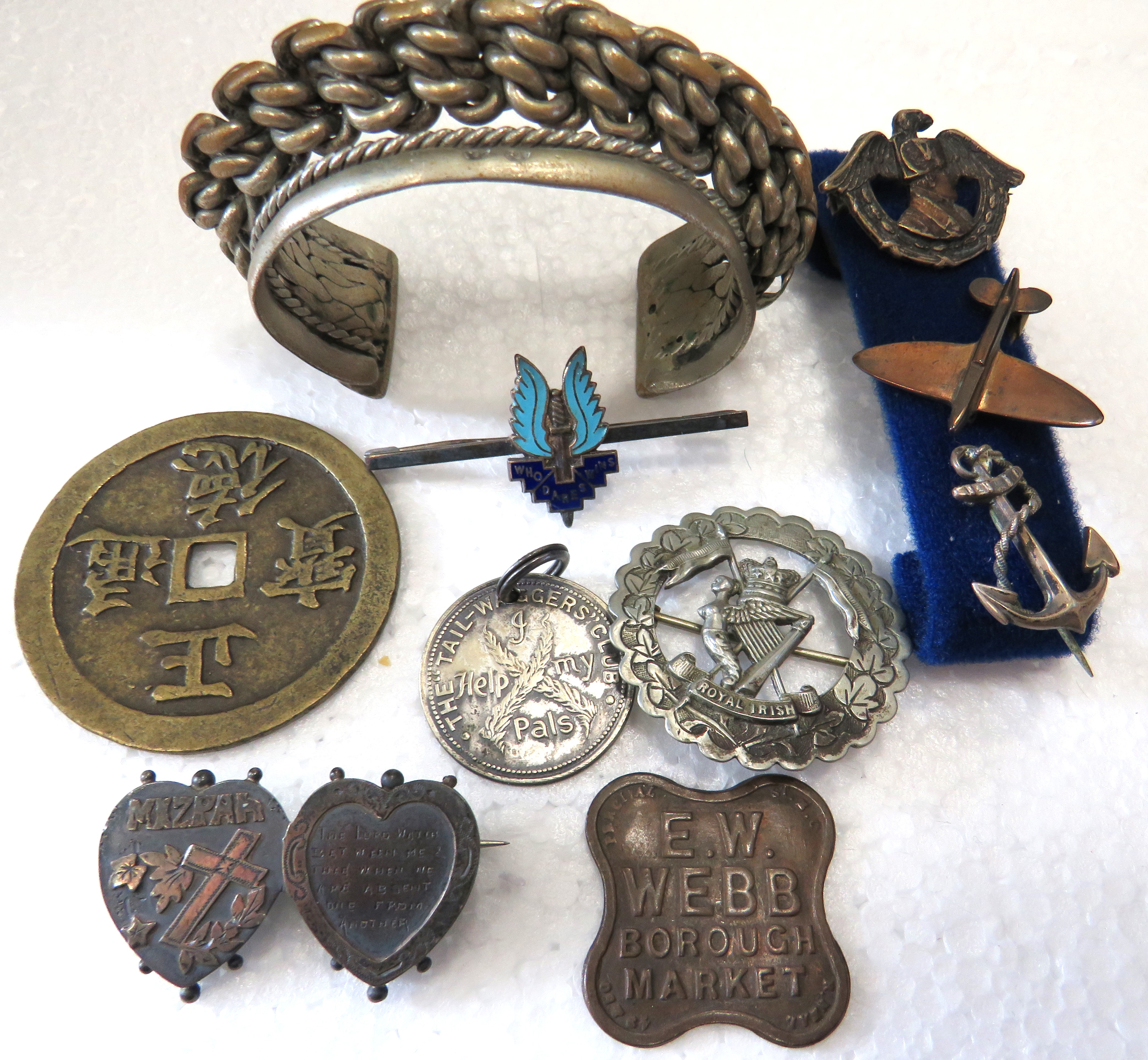 Good Mixed Lot to include SAS metal and enamel badge, Royal Irish Cap Badge, Silver Mizpah Brooch,  