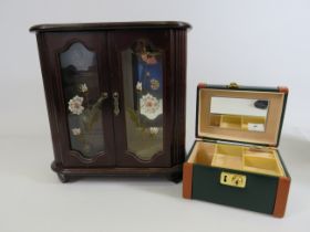 Wooden jewellery cabinet 11" tall, 10.5" wide and 6" deep. Plus a travel jewellery case.