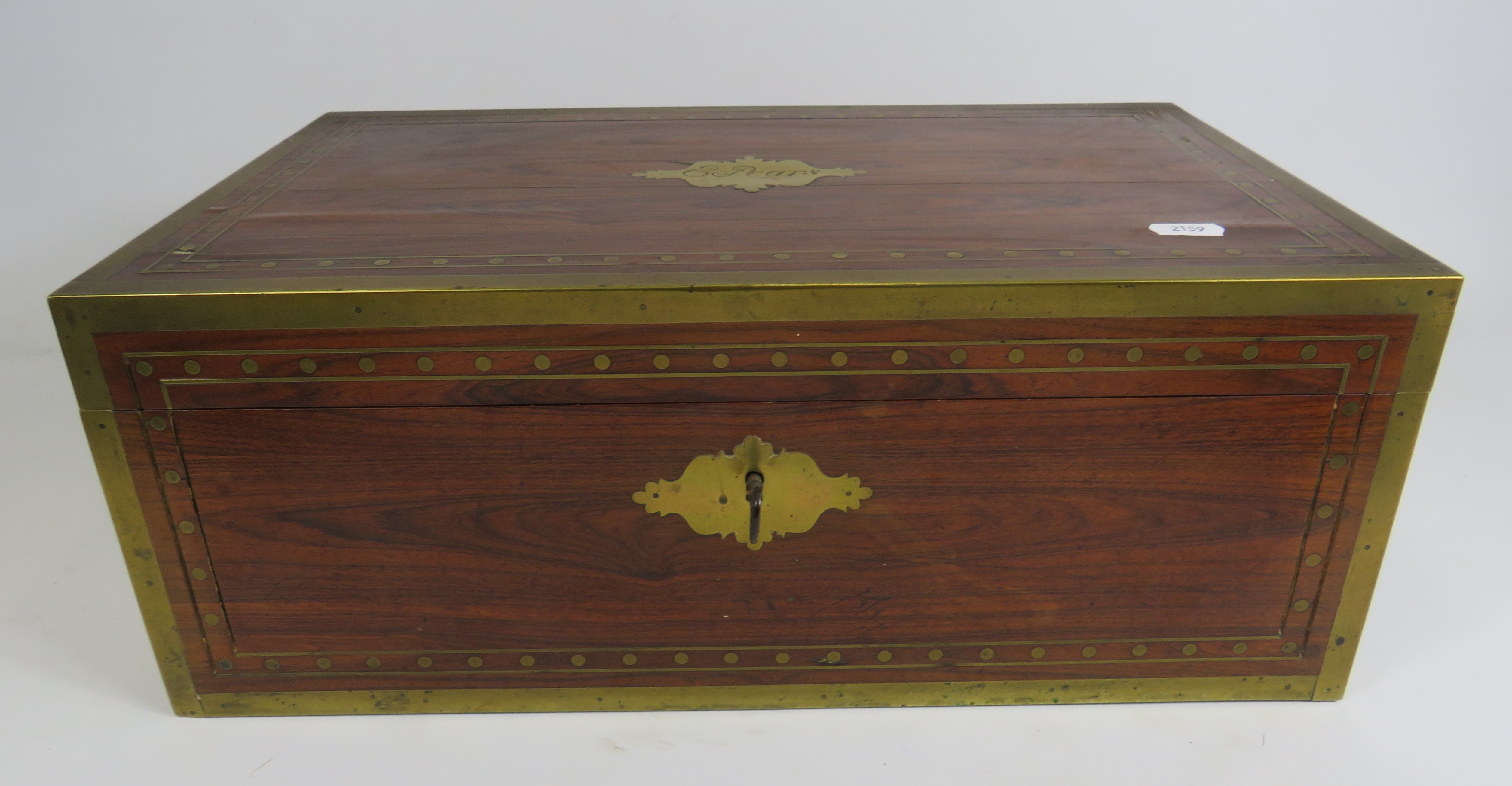 Large Antique wooden writing box with brass inlay, twin handles 17 3/4" long 10.5" deep and 7"