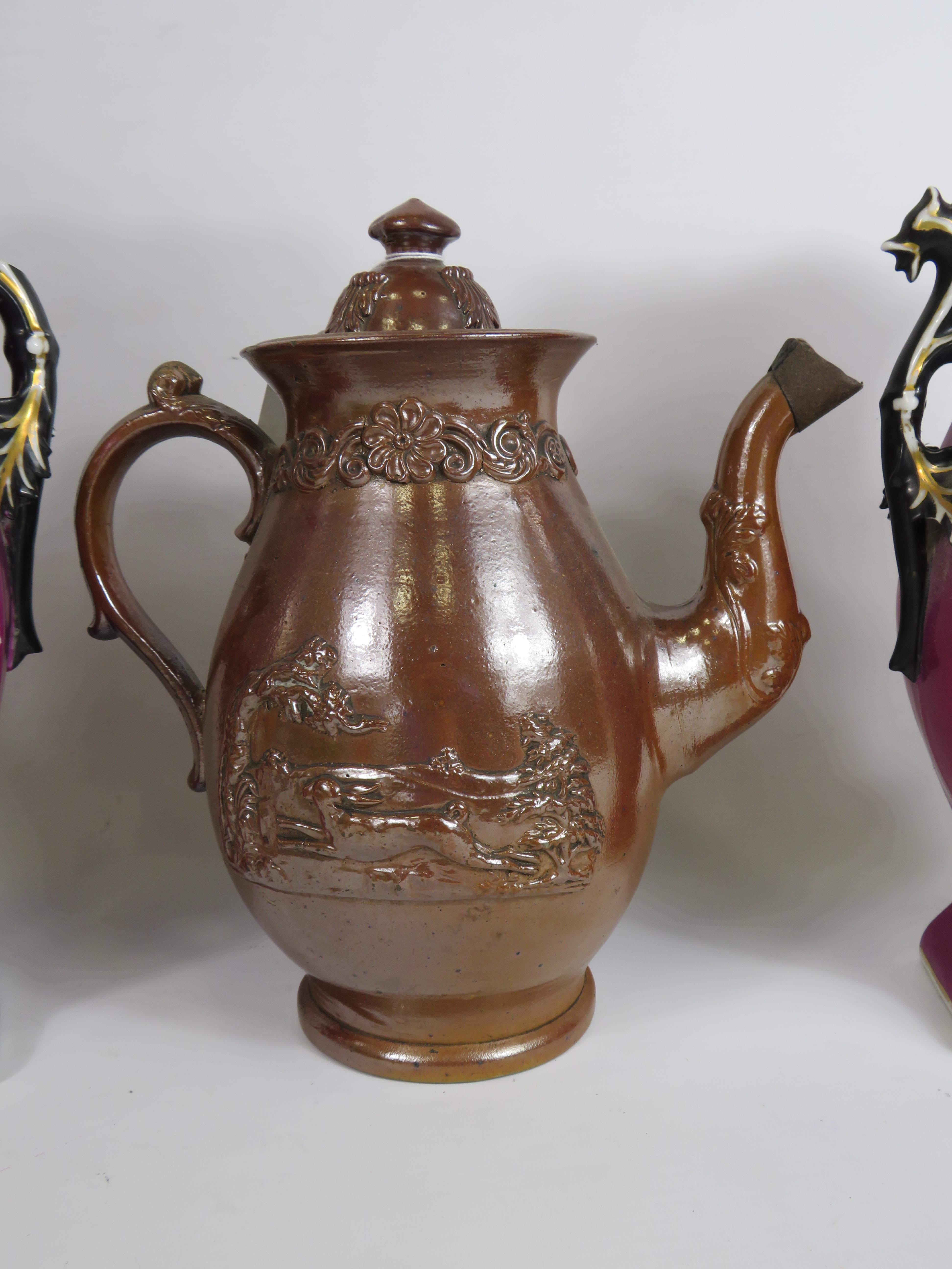 Victorian salt glaze teapot and a pair of vintage continental transfer printed vases, the tallest - Image 4 of 4