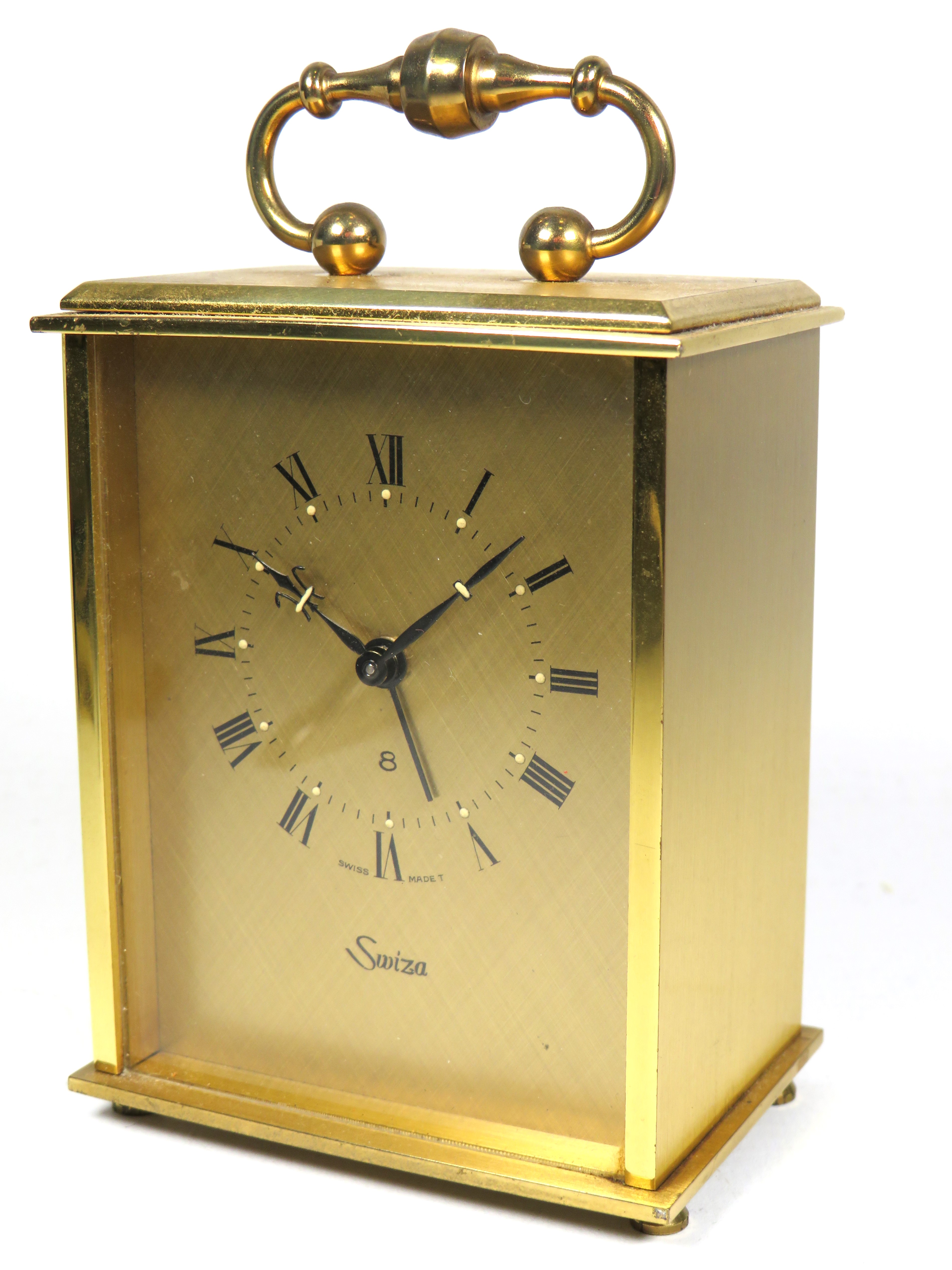 Swiss made Swiza mechanical Carriage clock alarm. Brushed brass case. Running order approx 4 inches  - Image 3 of 4