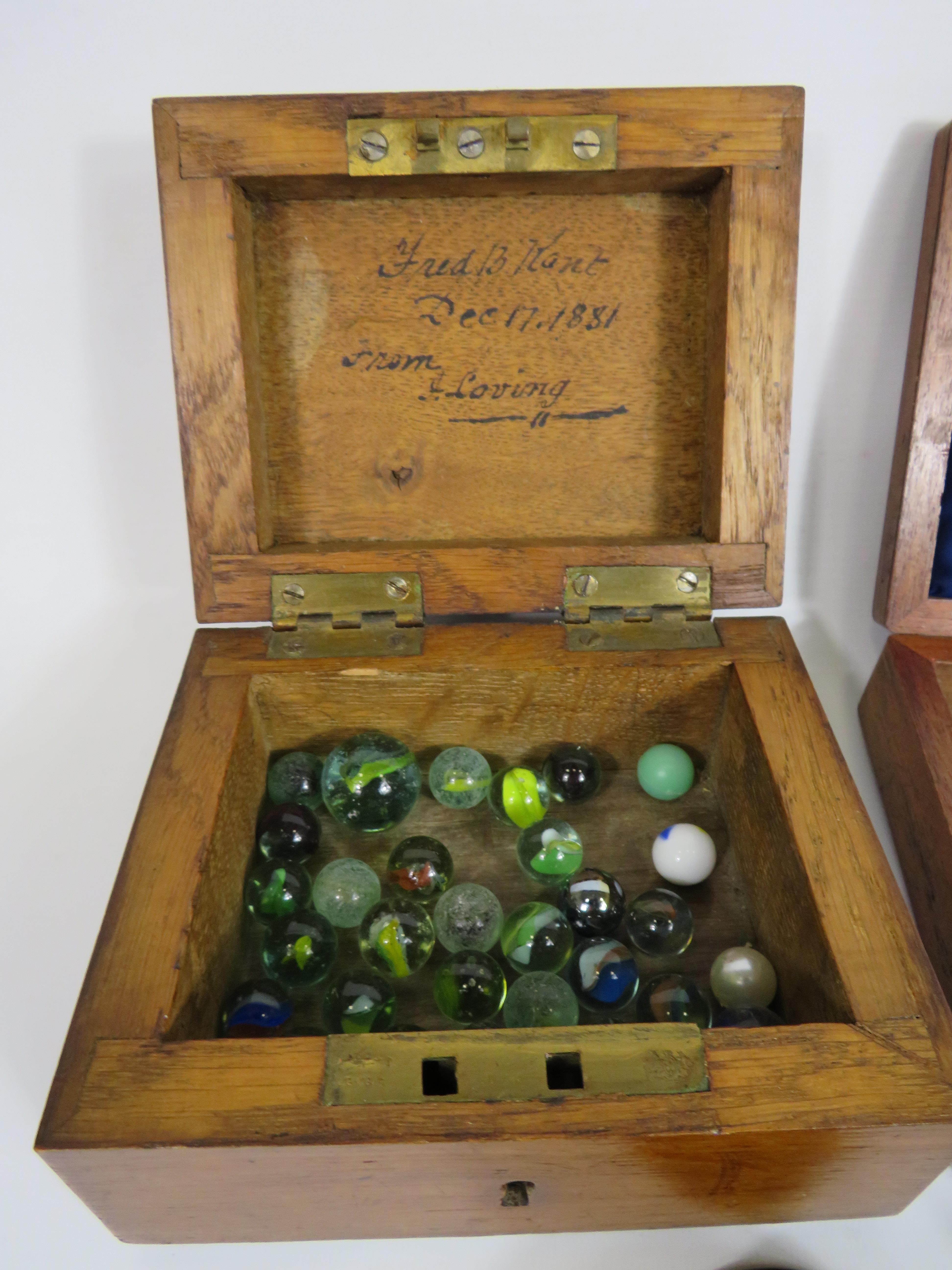 2 Vintage wooden storage boxes and contents of mables plus a vintage crumb tray decorated with a - Image 2 of 5