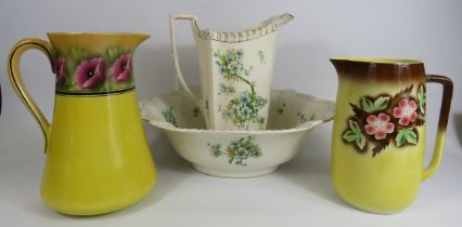 Large Victorian jug and wash bowl plus Two other wash jugs, Bowl has got a crack see pics.