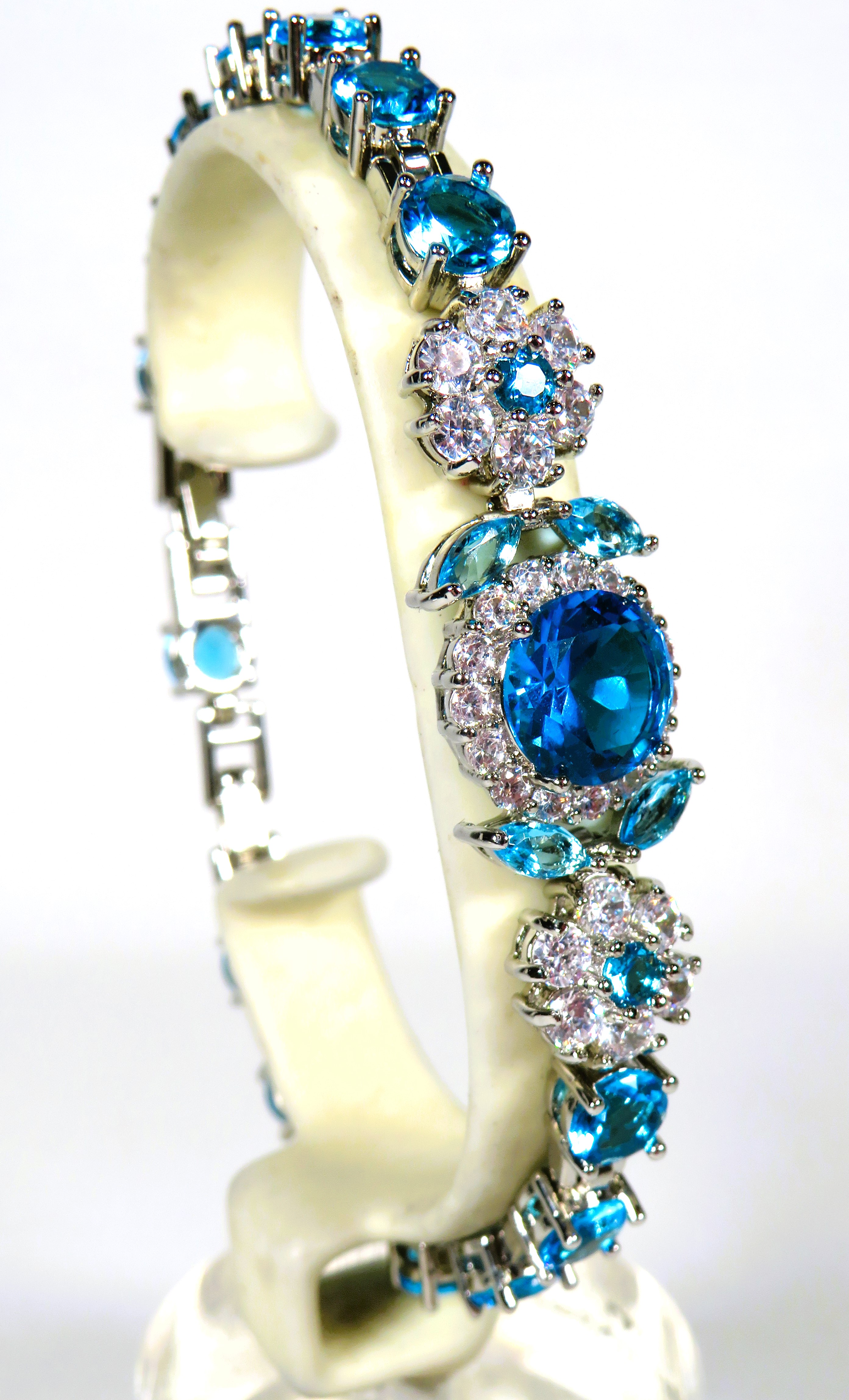 925 Silver Tennis Bracelet, 8 inches with detachable extension. Set with Synthetic Opal & Topaz.   a - Image 2 of 4