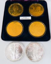 1977 QEII Silver Jubilee Silver coin set (4) plus two 0.999 fine Silver USA Dollars. Total Silver w