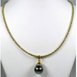 9ct Yellow Gold Pendant set with a Dusky 10mm Pearl and Diamond surround hung on an 18inch 9ct Twist