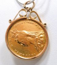 1892 Queen Victoria Full Sovereign set in a 9ct Yellow Gold Pendant mount. Total weight 9.5g