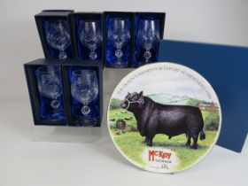 Six Crystal Goblets all boxed and unused plus a Royal Worcester plate showing a Prize Bull with Indu