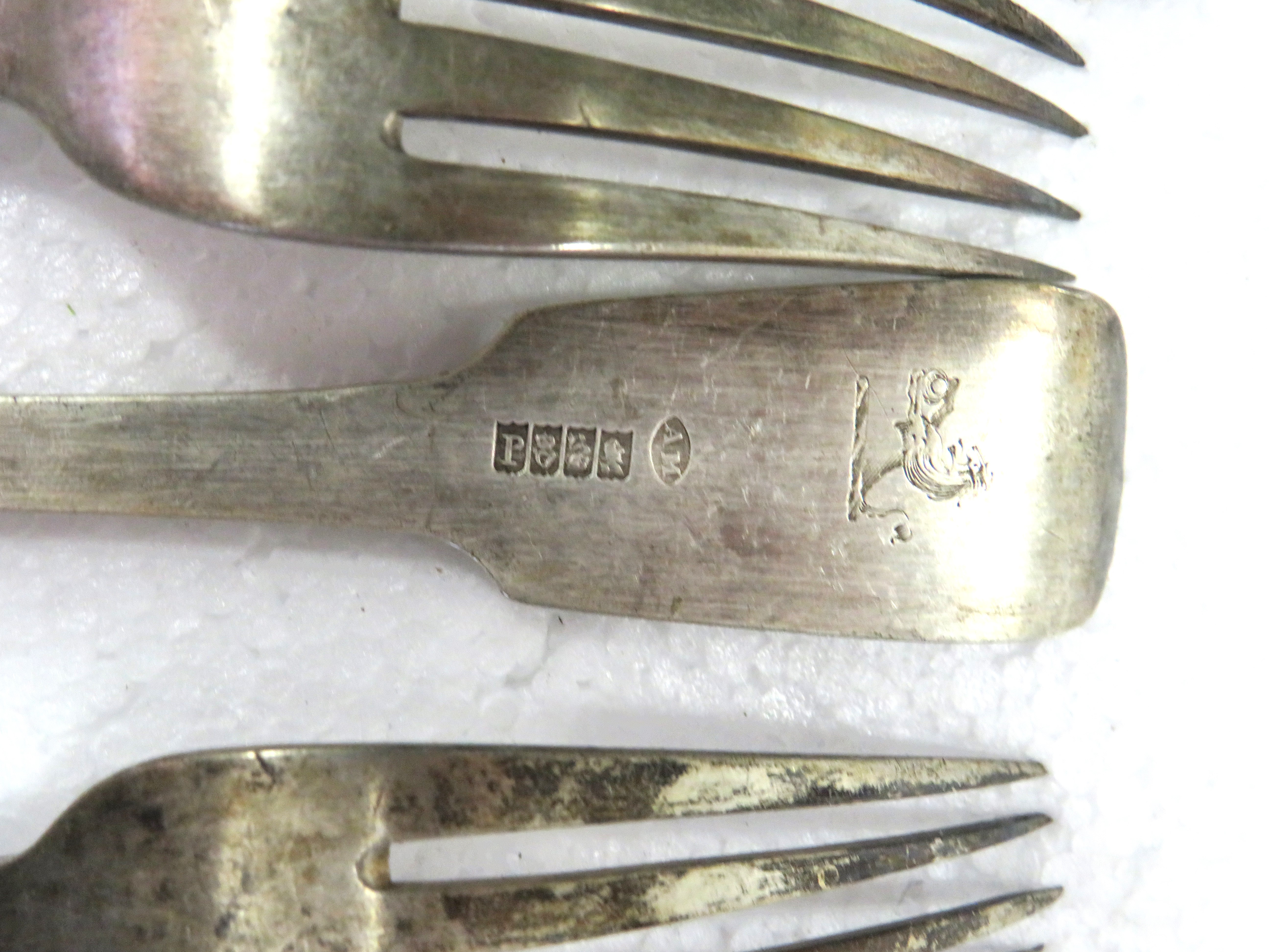 Selection of Antique Georgian Irish Silver Forks with Dublin Hallmarks and armorial crests .  Total  - Image 2 of 3