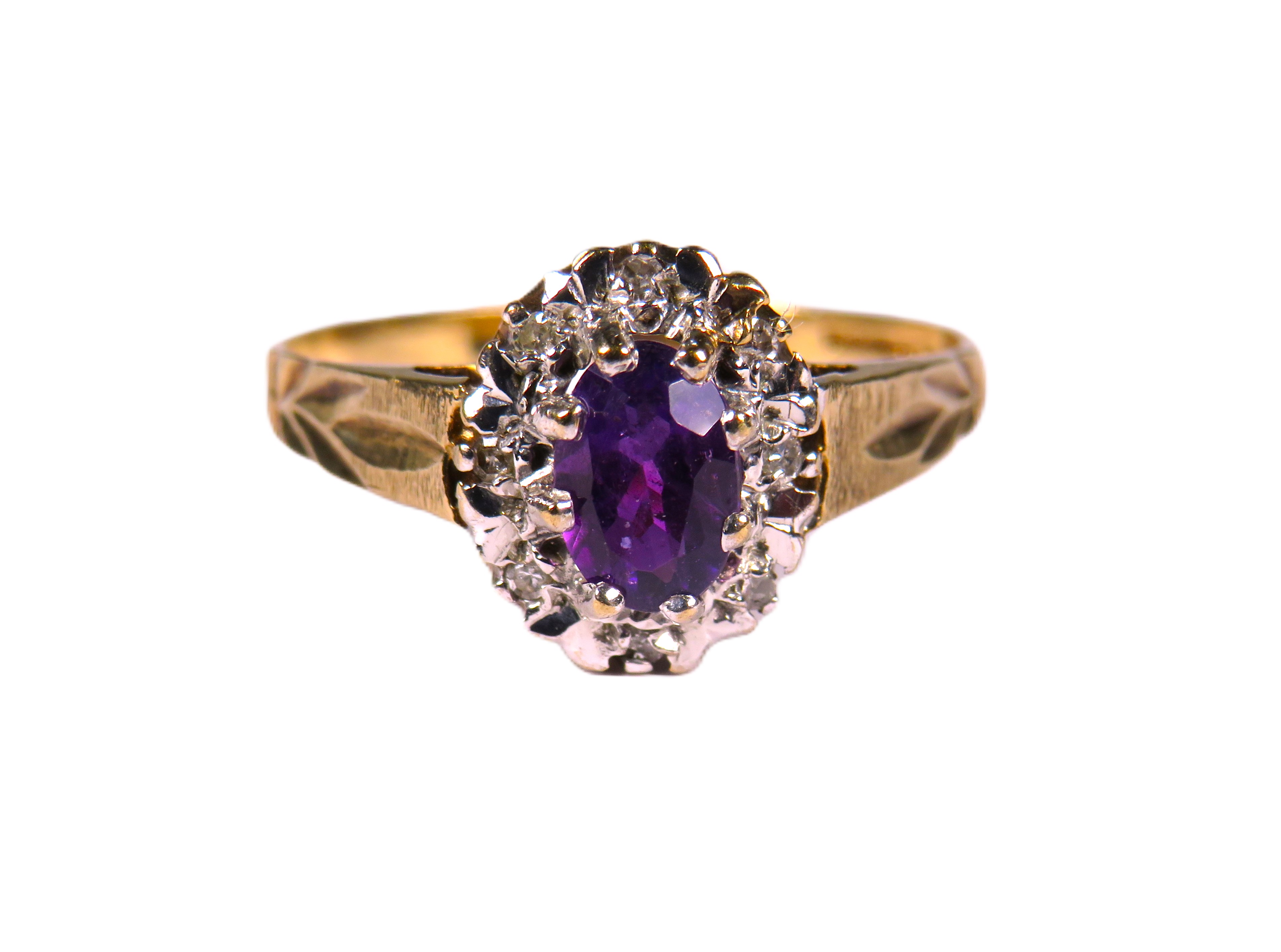 9ct Yellow Gold Ring set with a central  Sapphire and surrounded by Melee Diamonds.  Finger size 'O'