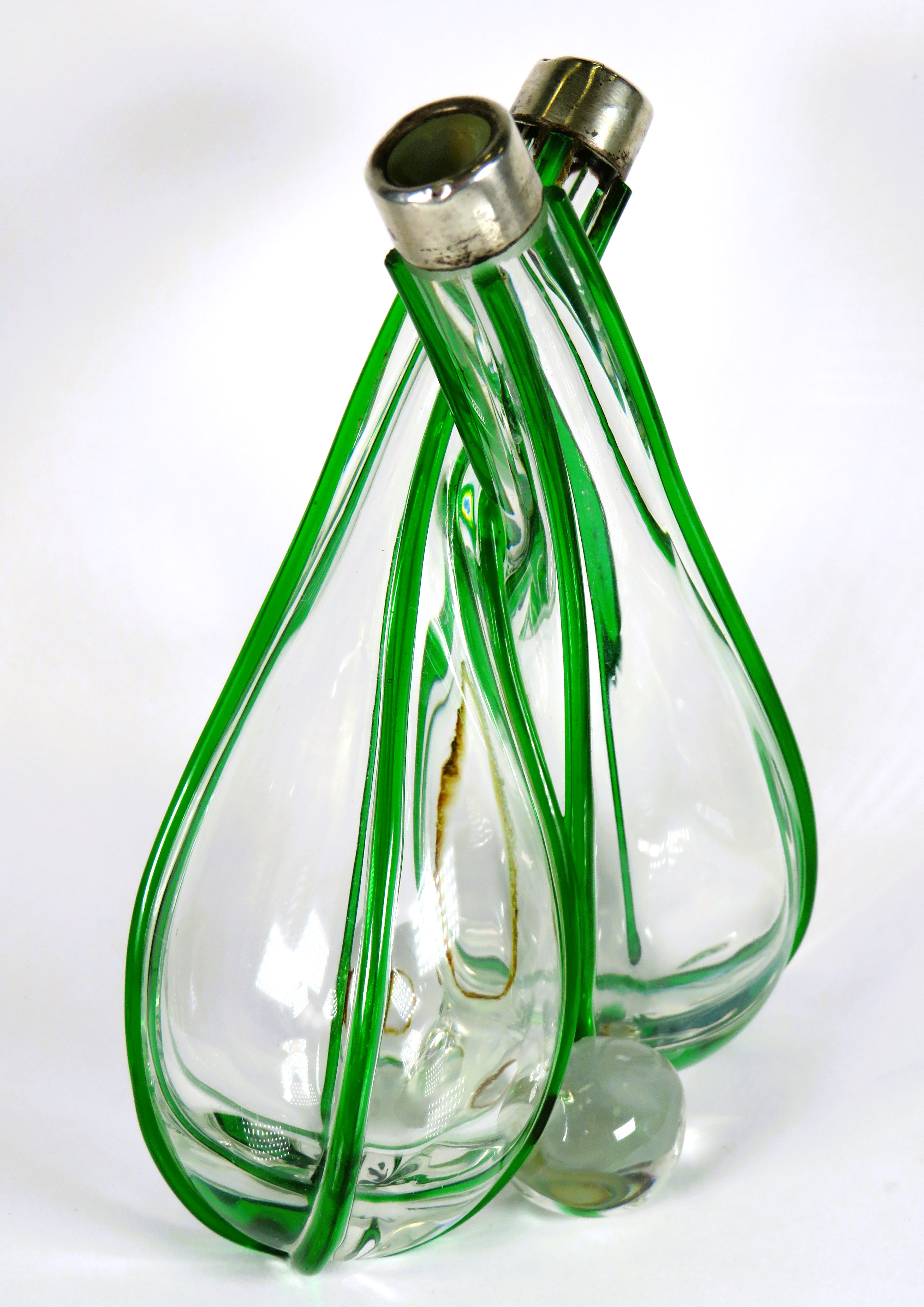 Pretty Green Tube lined Continental Glass Double Bud Vase with Silver collars. Hallmarked for Birmin - Image 3 of 5