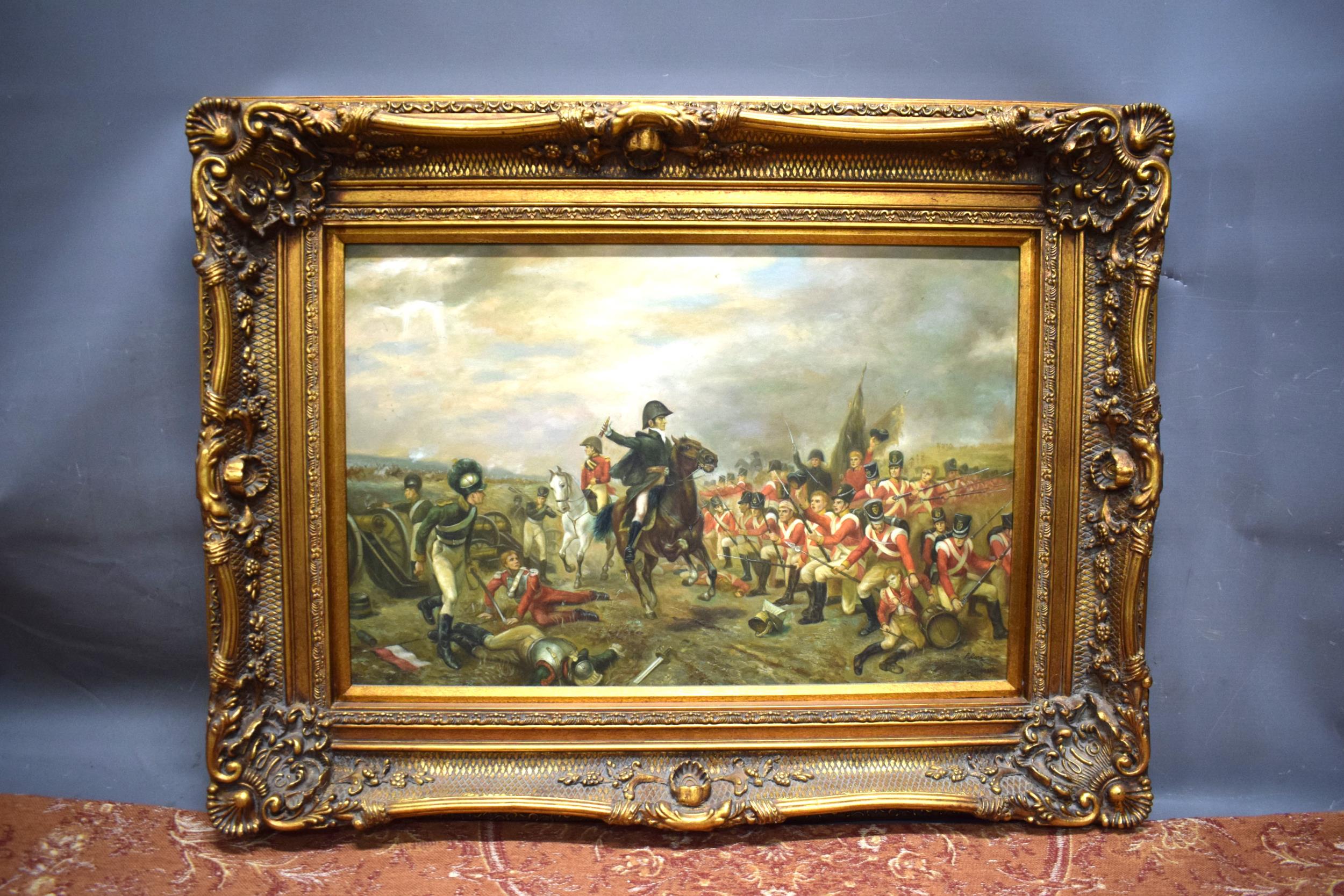 Large Framed oil on Canvas 'The last stand of the Imperial Guards at Waterloo' in ornate Gil