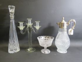 Mixed glass lot including a Webb crystal decanter, candelabra, Queen Victoria bowl etc.