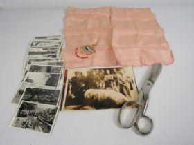 Pair of Military issue 1945 scissors, RAF sweetheart handkerchief, miltary photo and a selection