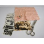 Pair of Military issue 1945 scissors, RAF sweetheart handkerchief, miltary photo and a selection