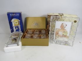 Mixed Crystal glass including a 5x7" picture frame, 6 whiskey tumblers and a clock all boxed.