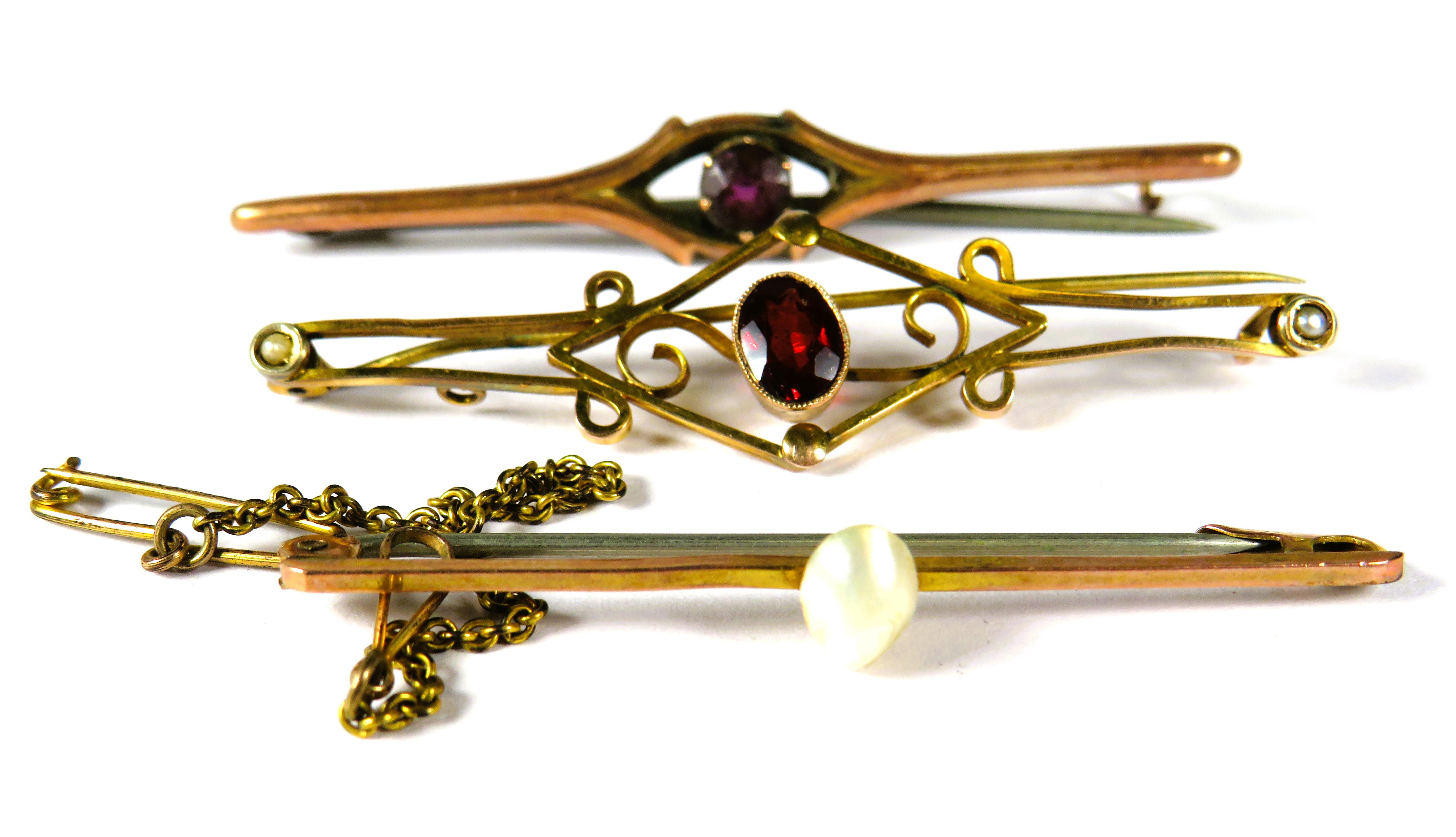 Three 9ct Yellow Gold Stone set Bar Brooches.  Total Weight approx  5g