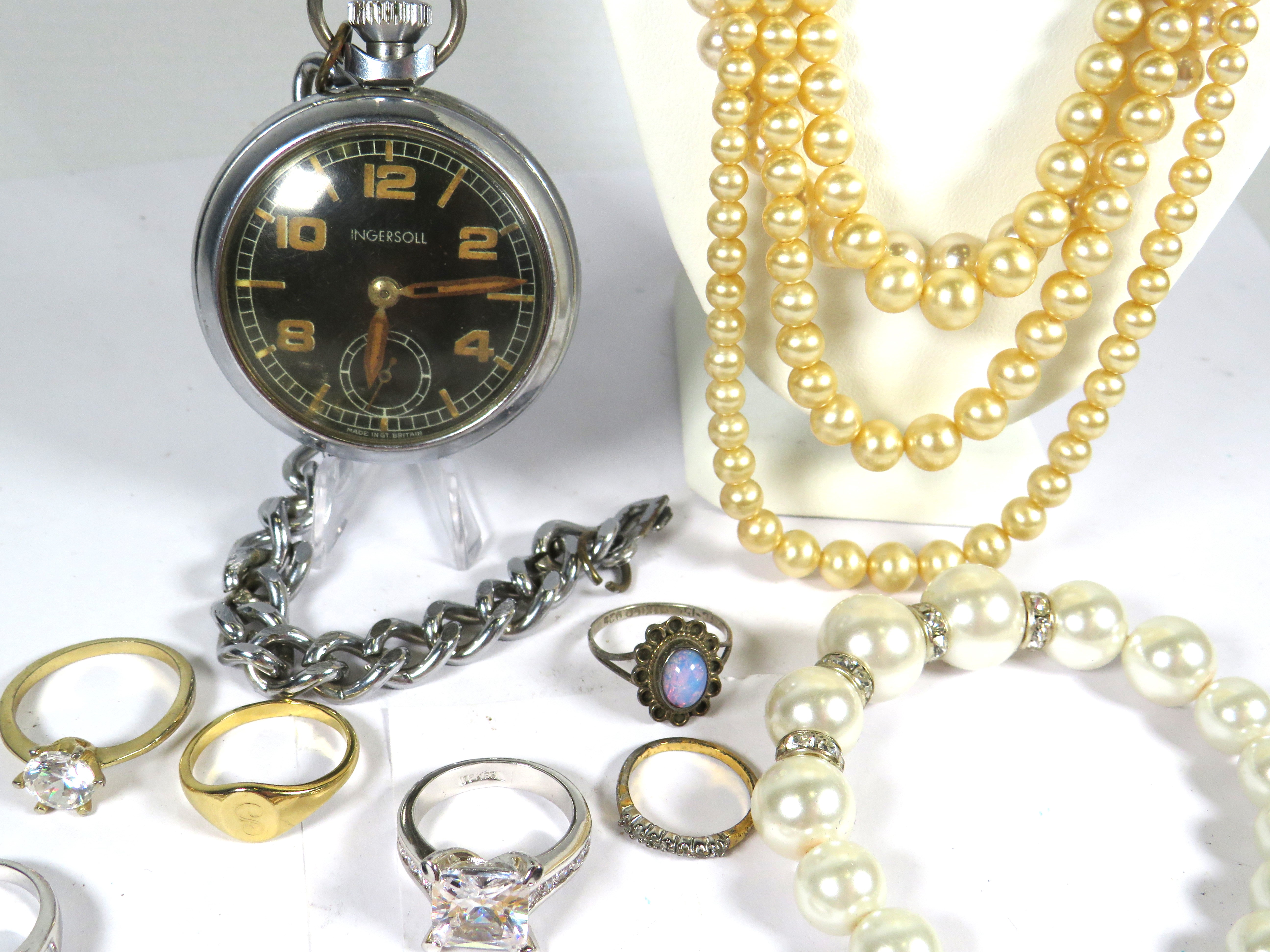 Good Mixed Jewellery lot to include Faux pearls, Costume Rings plus a  Chrome cased Pocket watch in  - Image 2 of 2